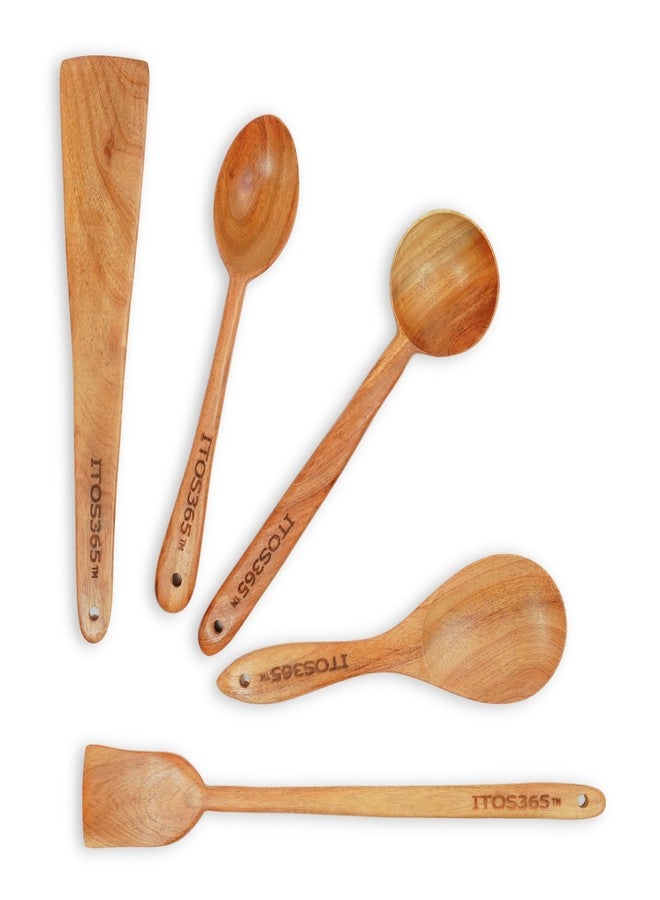 ITOS365™ Neem Wood Cooking Spoons Set of 5 | Natural Wooden Spatula & Turner for Non-Stick Cookware | Antibacterial, Eco-Friendly Kitchen Utensils for Frying, Stirring & Serving - Image 3